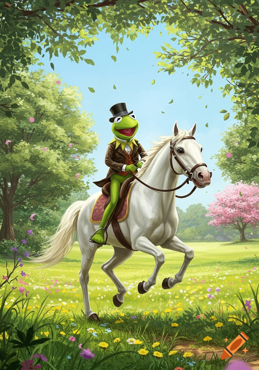 Kermit the Frog, wearing a top hat and suit, rides a white horse through a vibrant, flowery meadow under green trees.