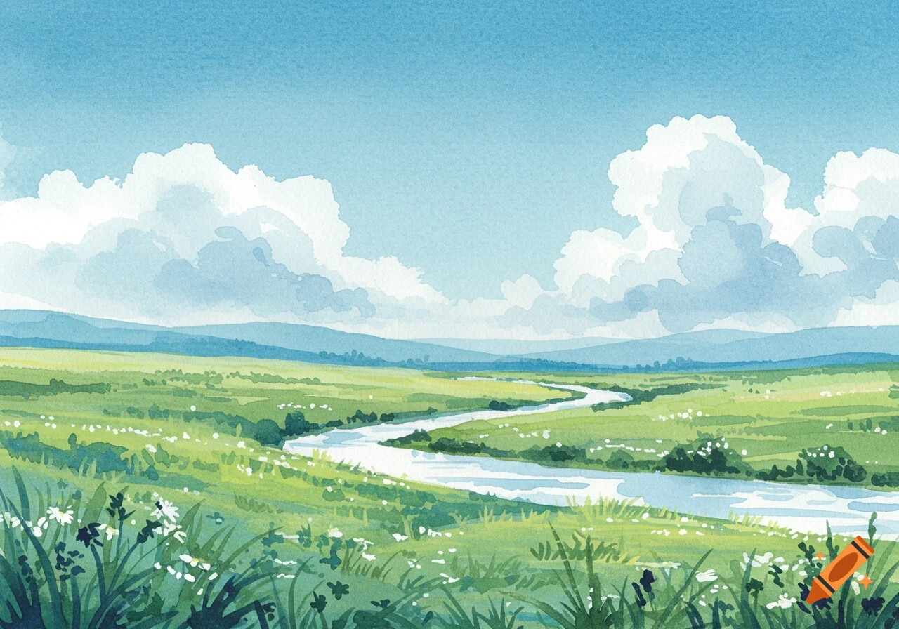 A serene watercolor painting of a winding river through green fields under a blue sky with fluffy white clouds.