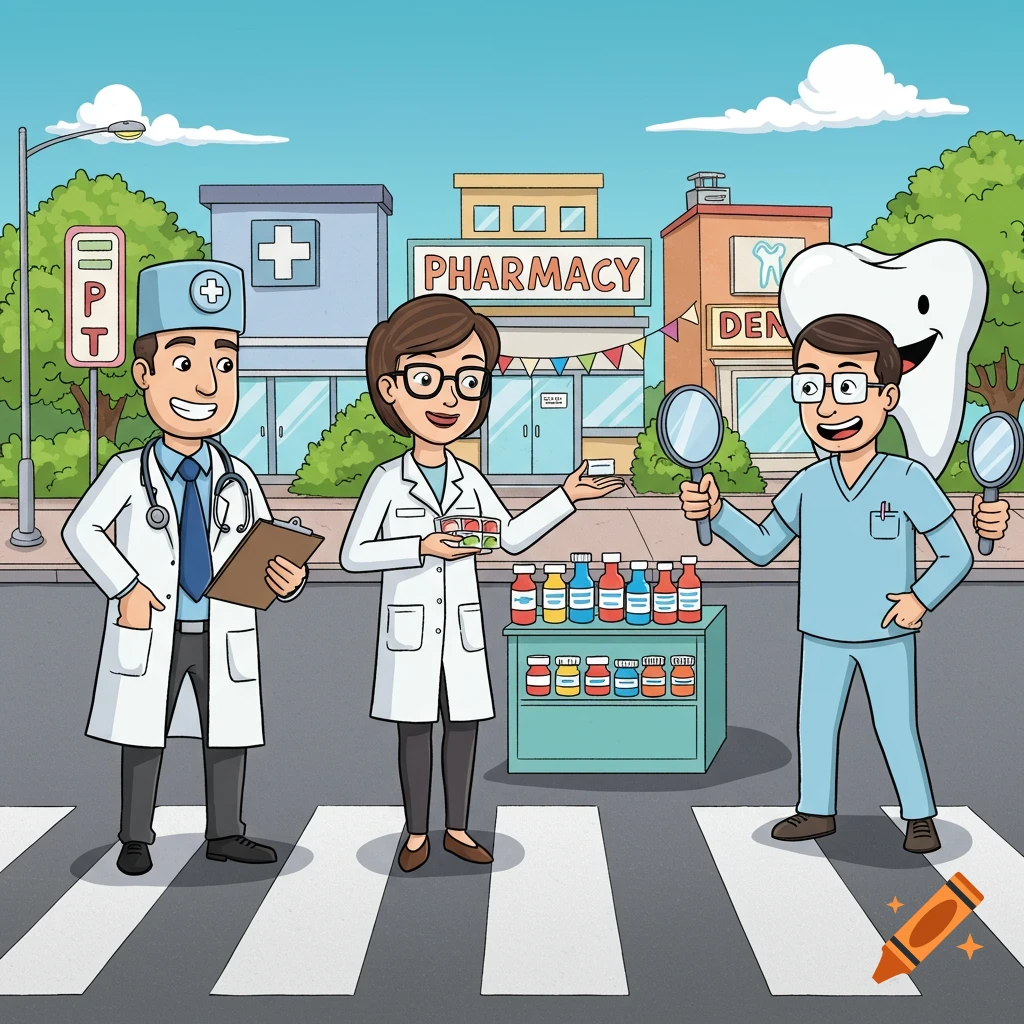 Cartoon of a doctor, pharmacist, and dentist standing on a zebra crossing in front of their respective buildings.
