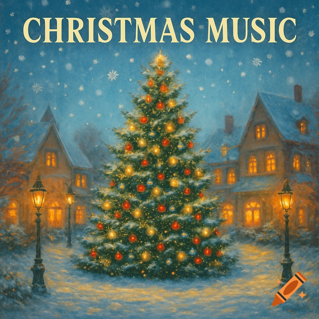 A snowy winter village scene at night, featuring a large, brightly lit Christmas tree and houses under a star-filled sky, with "CHRISTMAS MUSIC" text at the top, in a painterly style.