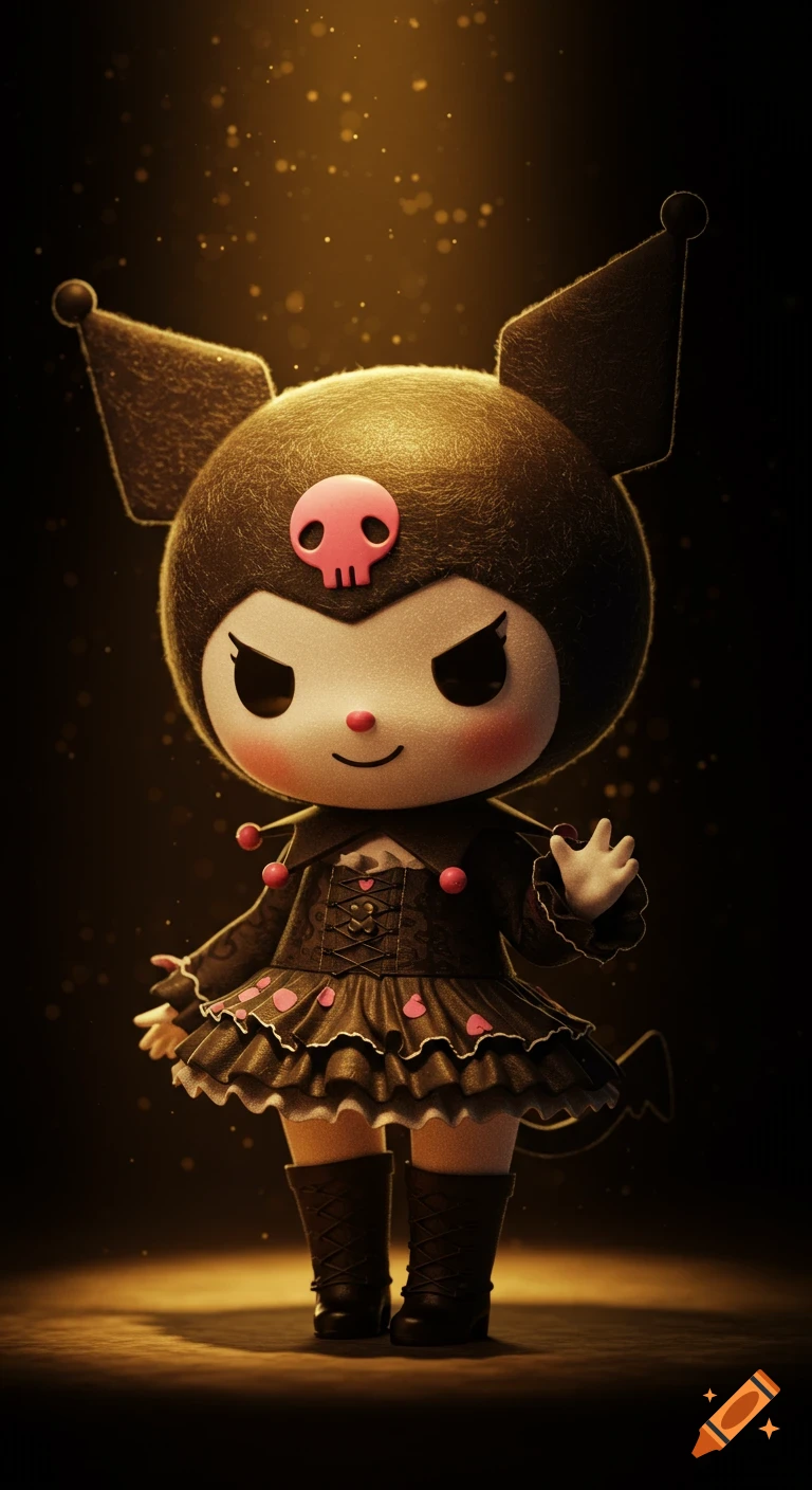 Cute, dark Kuromi-inspired character in a frilly dress and boots under a warm spotlight with sparkling particles.