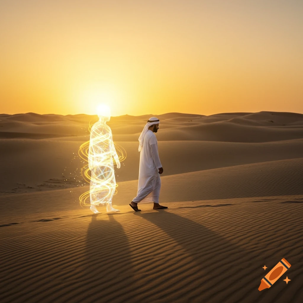 A man in traditional Arab clothing walks through a desert at sunset, accompanied by a glowing, ethereal figure of light.