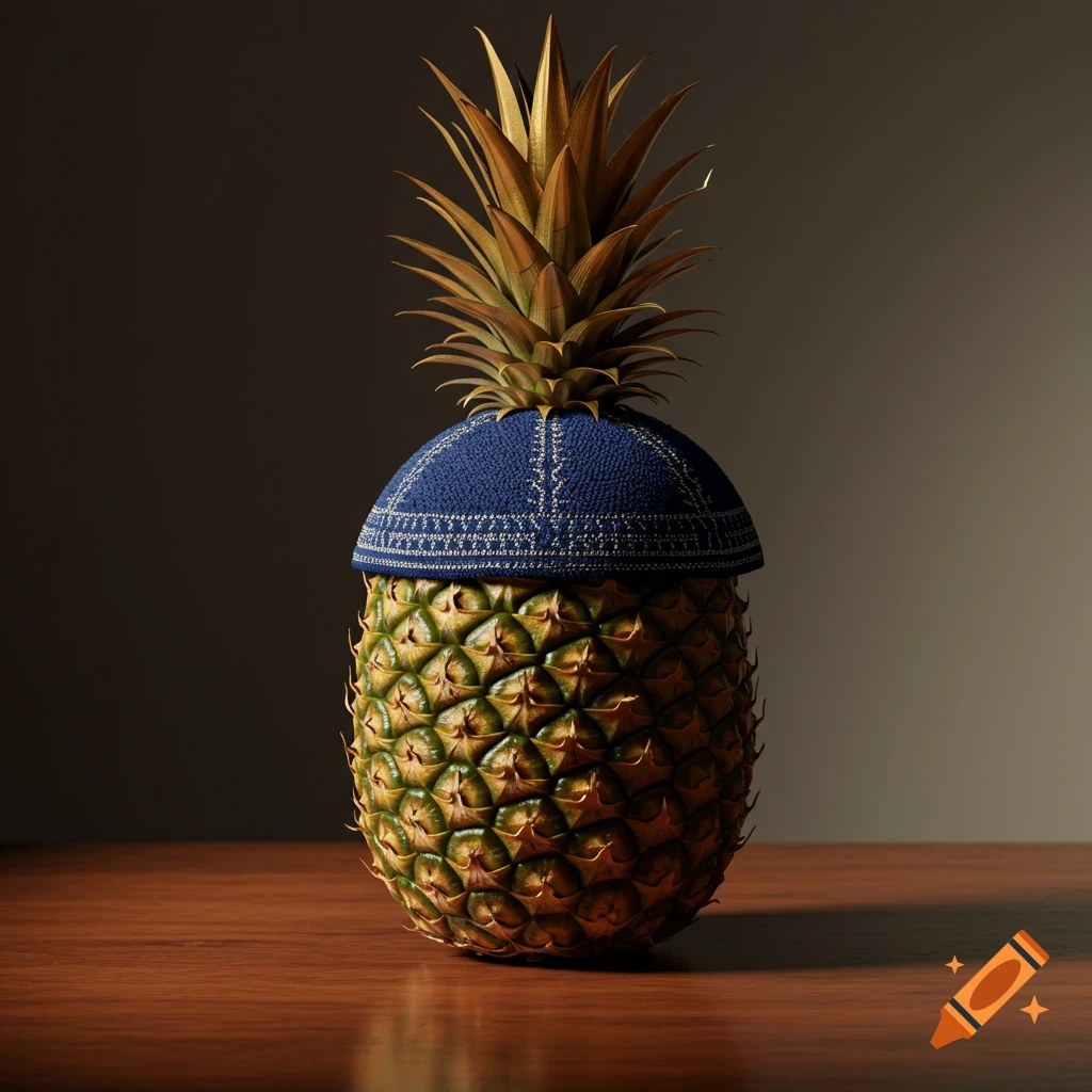 A photorealistic image of a pineapple wearing a blue kippah, sitting on a wooden table against a dark background.