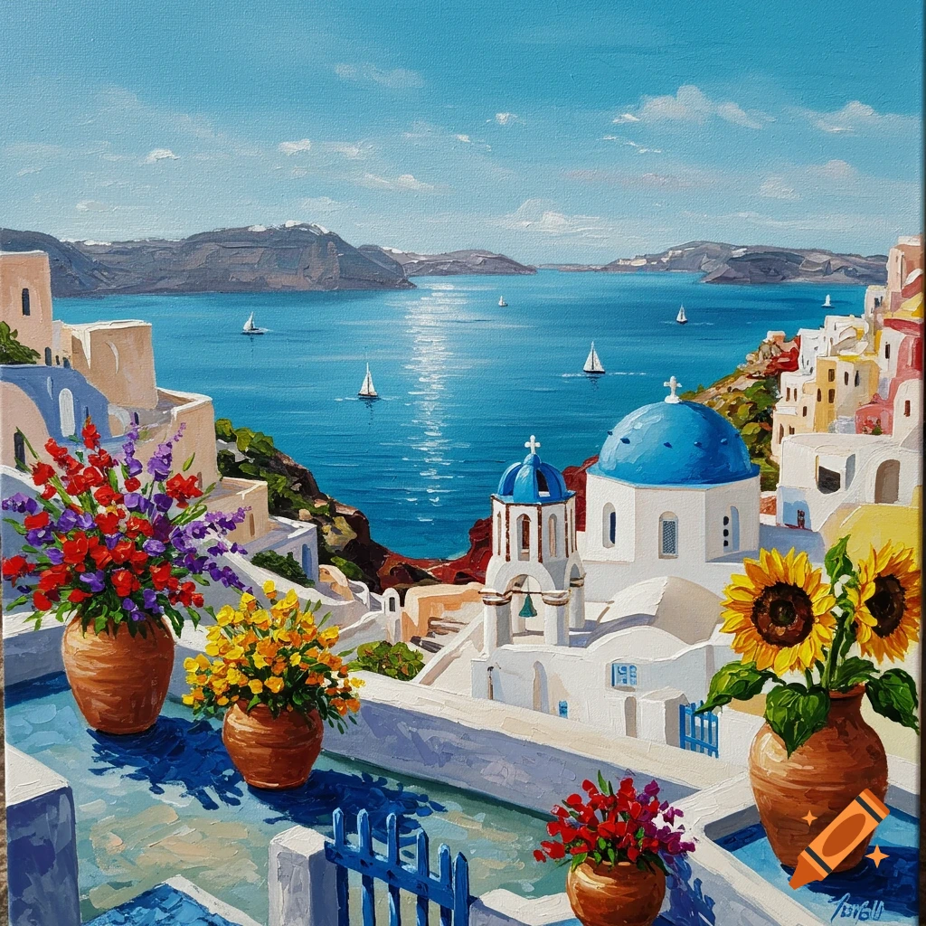 Vibrant painting of Santorini with white and blue buildings, blue domes, colorful flowers on a terrace, and sailboats on a bright blue sea.