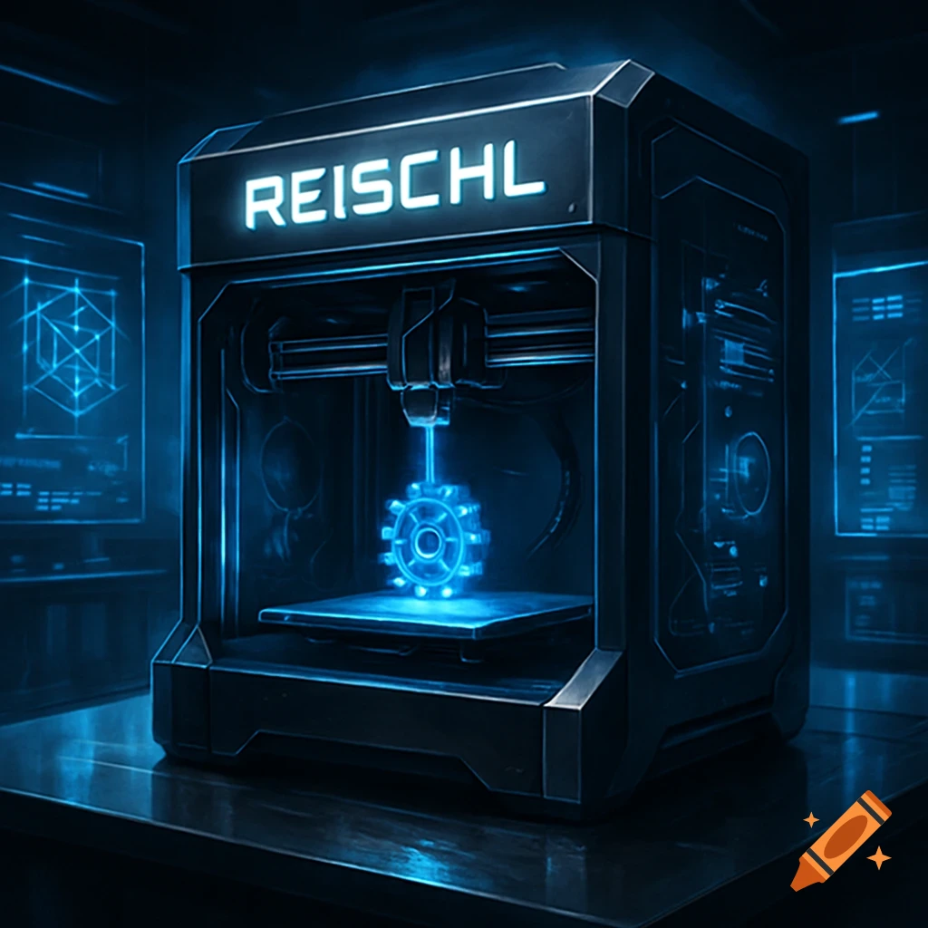 A high-tech 3D printer with the name 'REISCHL' glowing blue, fabricating a radiant gear in a dark, futuristic setting.