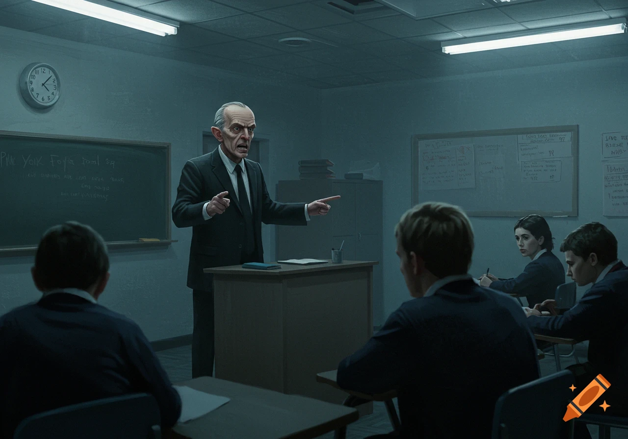 A stylized, gaunt teacher with an angry expression points at students in a dimly lit classroom, reminiscent of Pink Floyd's 'The Wall'.