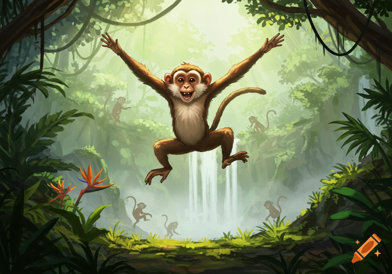 A happy cartoon monkey jumps with arms outstretched in a lush jungle with a waterfall and other monkeys.