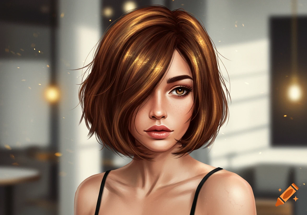 A digital painting of a young woman with short brown bob hair, brown eyes, and freckles, wearing a black camisole.