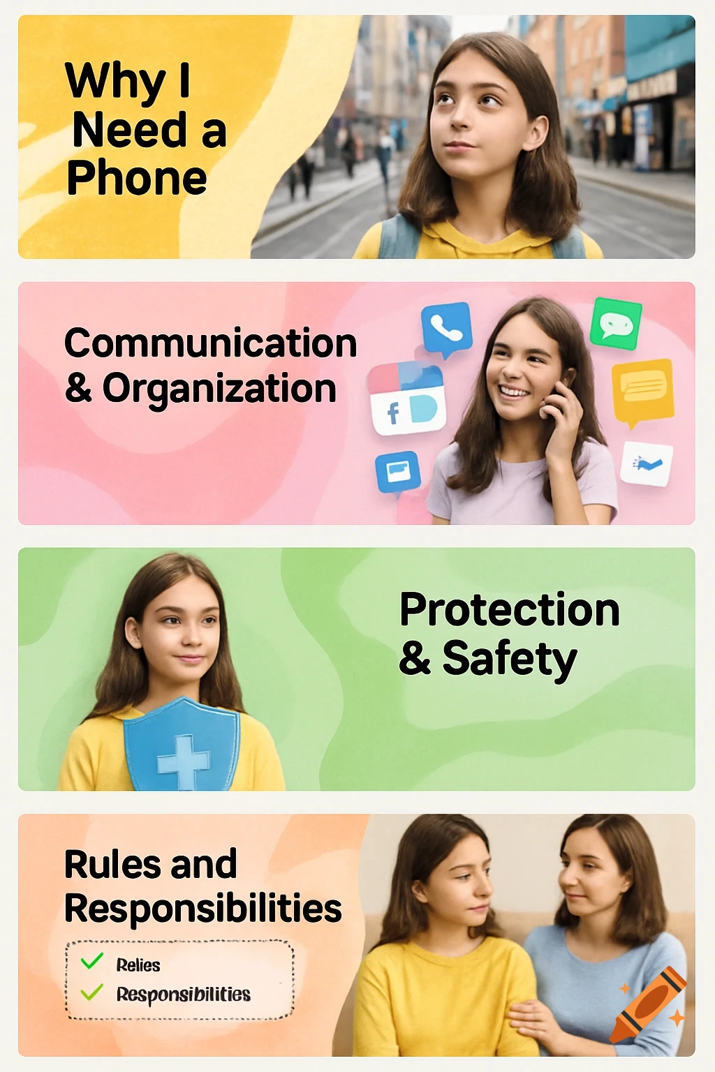 A four-panel infographic showing a young girl explaining why she needs a phone, covering communication, safety, and responsibilities.