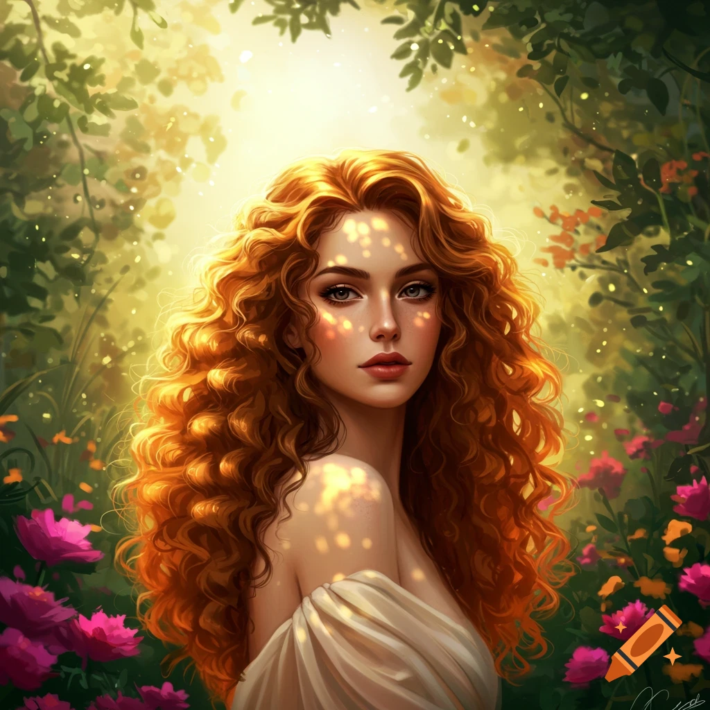 Digital painting of a beautiful woman with curly red hair, illuminated by dappled sunlight in a lush forest with pink flowers.