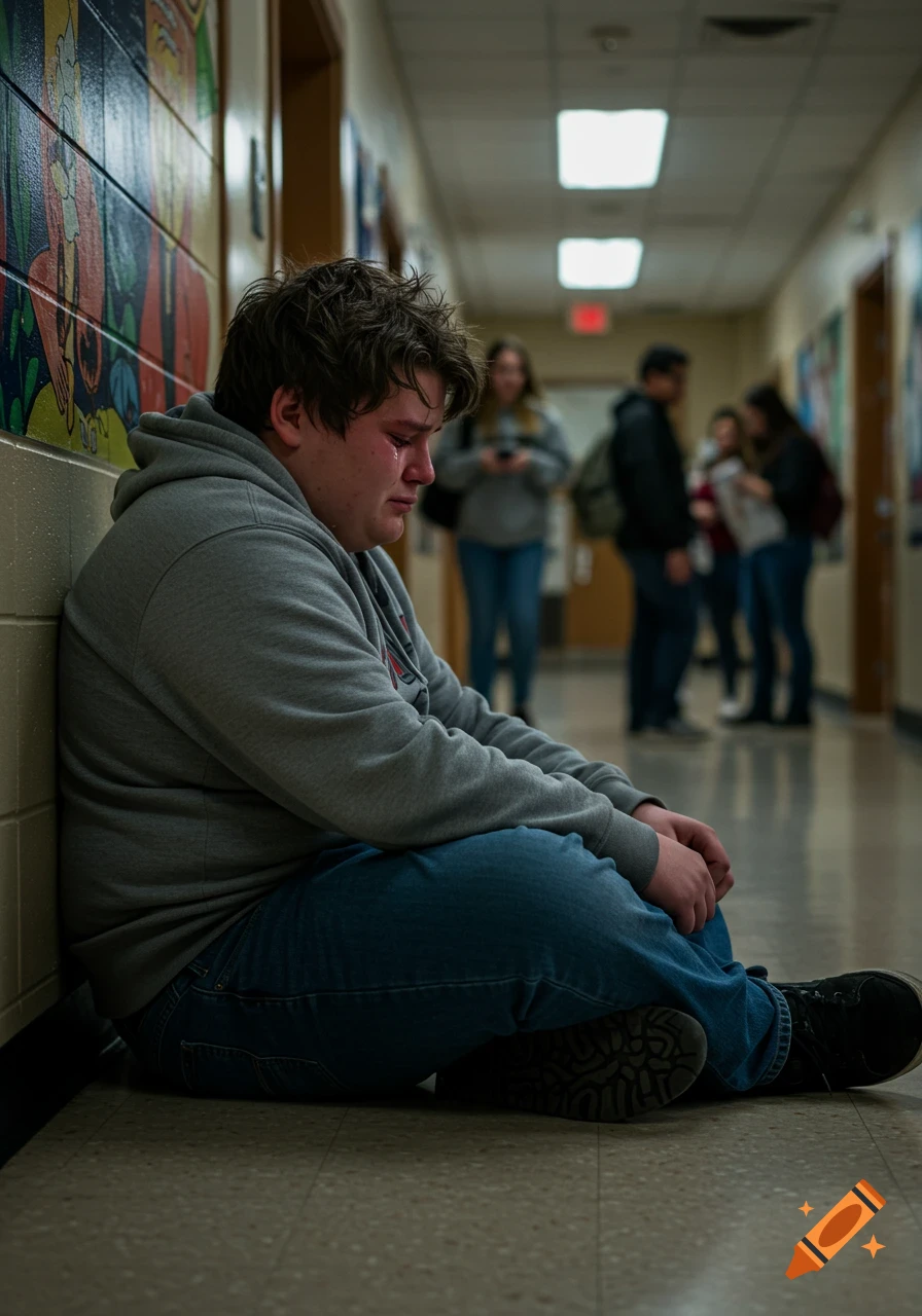 A photorealistic image of a teenage boy in a gray hoodie and jeans, sitting on the floor of a high school hallway and crying.