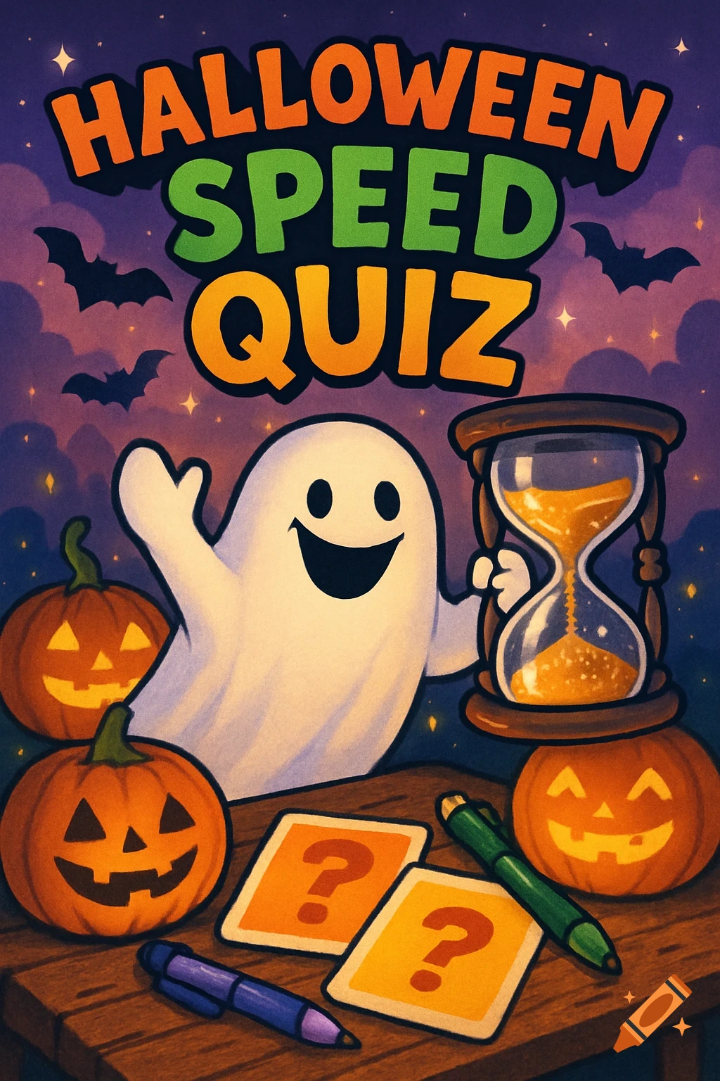 Cartoon Halloween speed quiz poster featuring a smiling ghost, jack-o'-lanterns, hourglass, and quiz cards on a wooden table.
