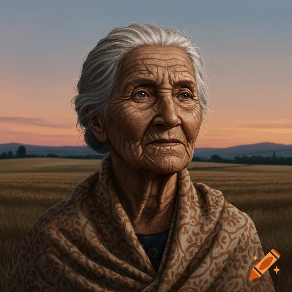 Close-up portrait of a wrinkled old woman with gray hair and a patterned shawl, looking over a golden field at sunset.