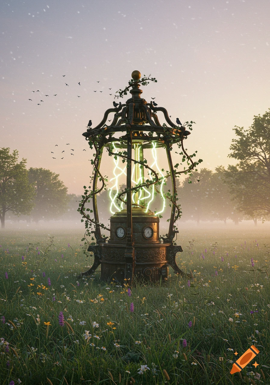 An ornate steampunk accumulator with glowing green energy, covered in vines and birds, standing in a field of wildflowers with trees in a misty background.