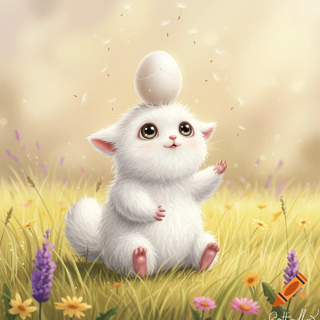 A cute, fluffy white creature with big eyes sits in a sunny field of colorful flowers, balancing a cracked egg on its head.