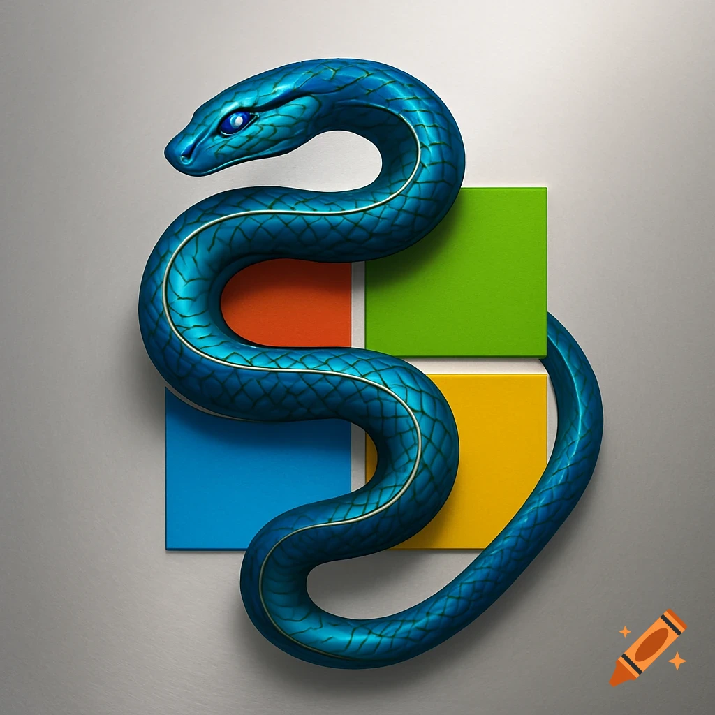 A blue metallic serpent with glowing eyes coiled around the four colored squares of a logo on a brushed metal background.