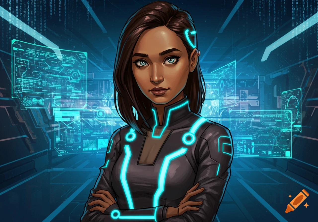 Comic art of a brown-skinned woman in a black sci-fi suit with glowing blue lines, set against a futuristic cybernetic background.