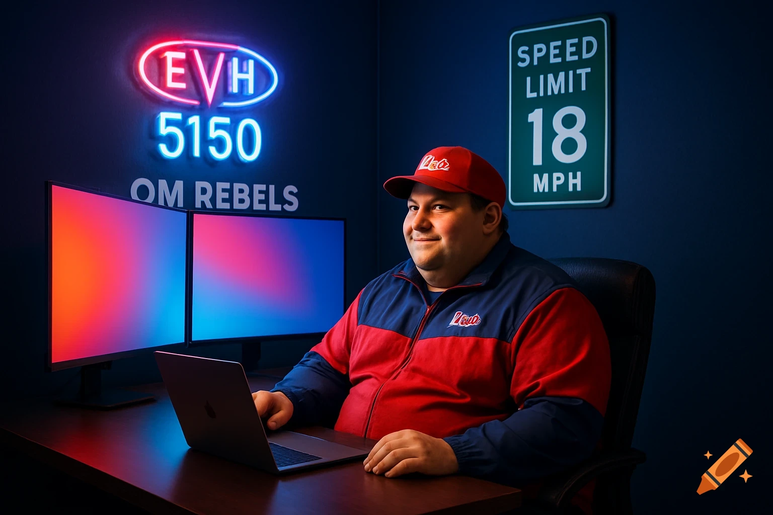 A man in a red cap and red and blue jacket sits at a desk with a laptop and two large monitors, bathed in neon light from signs.