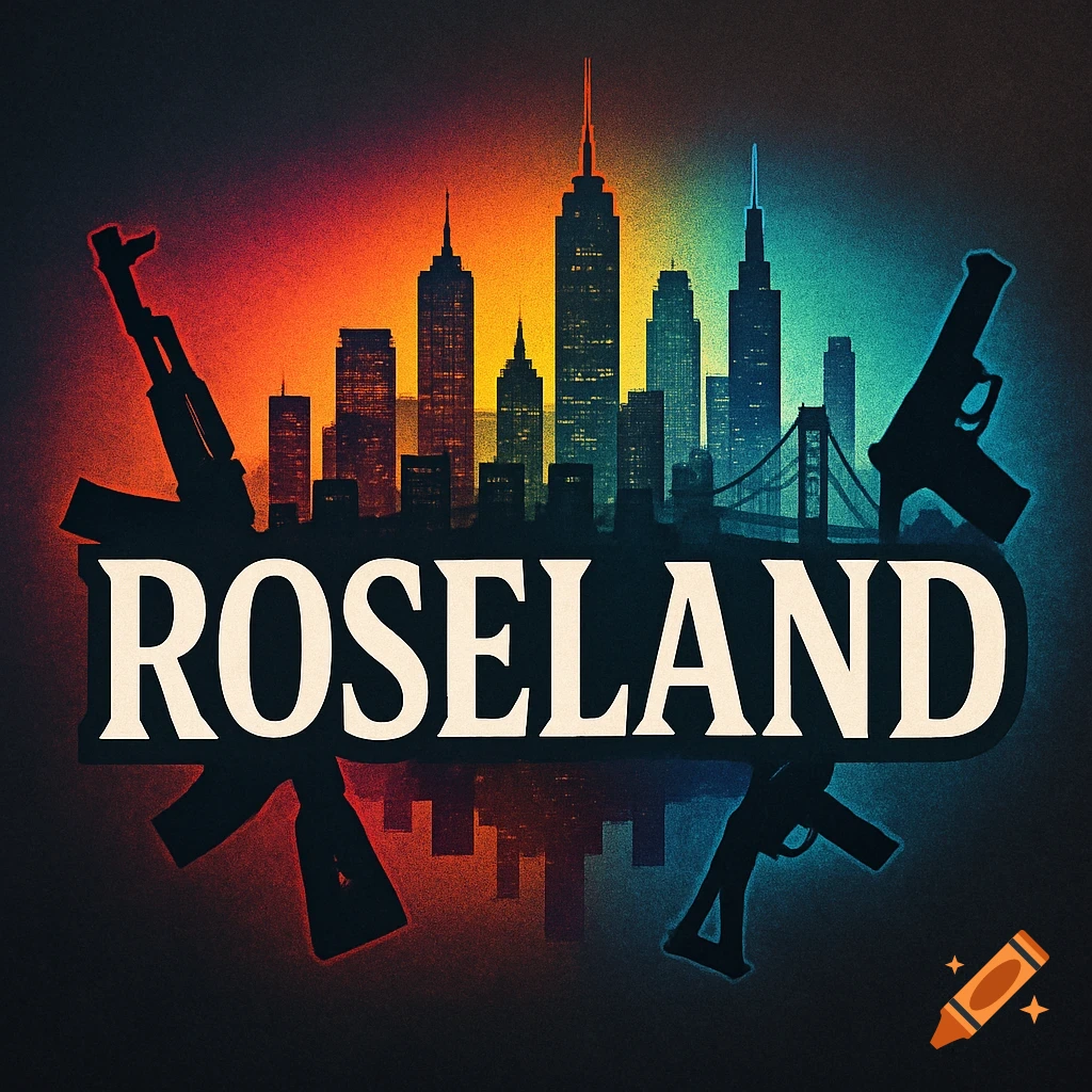 Graphic logo for 'ROSELAND' with a city skyline and weapon silhouettes against a vibrant red and blue gradient background.