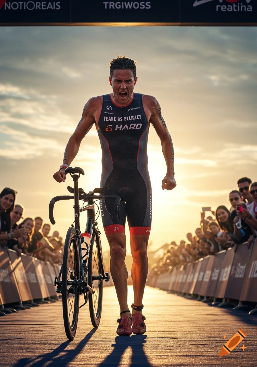 A male triathlete screams in effort, pushing his bicycle across a finish line at sunset with spectators cheering.