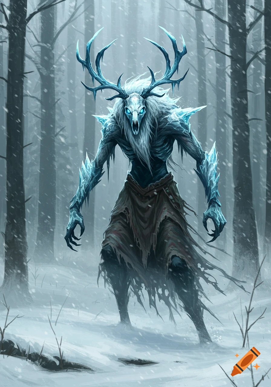 A terrifying frosty monster with deer antlers and glowing blue eyes stands in a snow-covered winter forest, digital art.