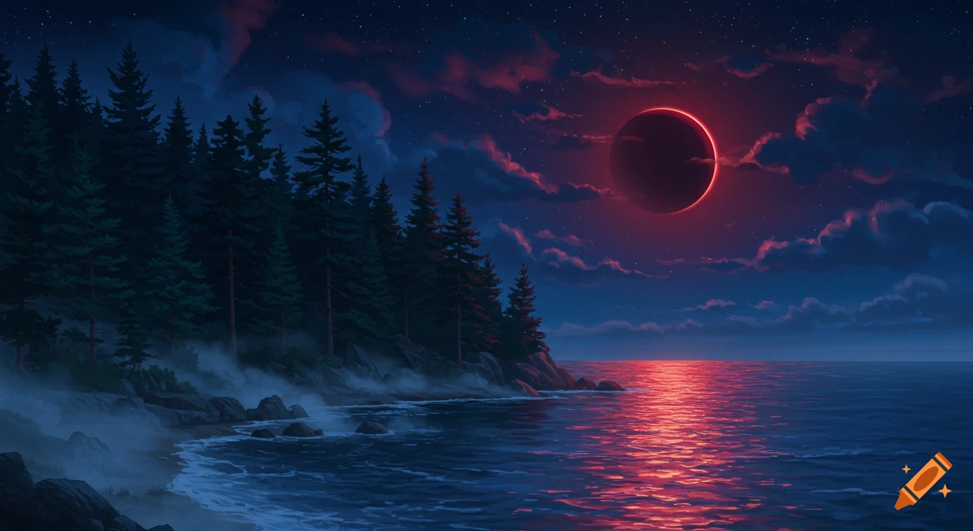 A dramatic night landscape showing a dark pine forest on a rocky coast next to a calm sea, with a bright red lunar eclipse glowing in the starry sky.