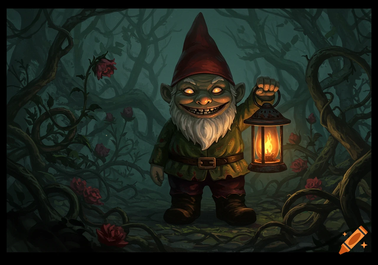 A creepy garden gnome with glowing eyes and a wide grin holds a lit lantern in a dark, thorny forest with red roses.