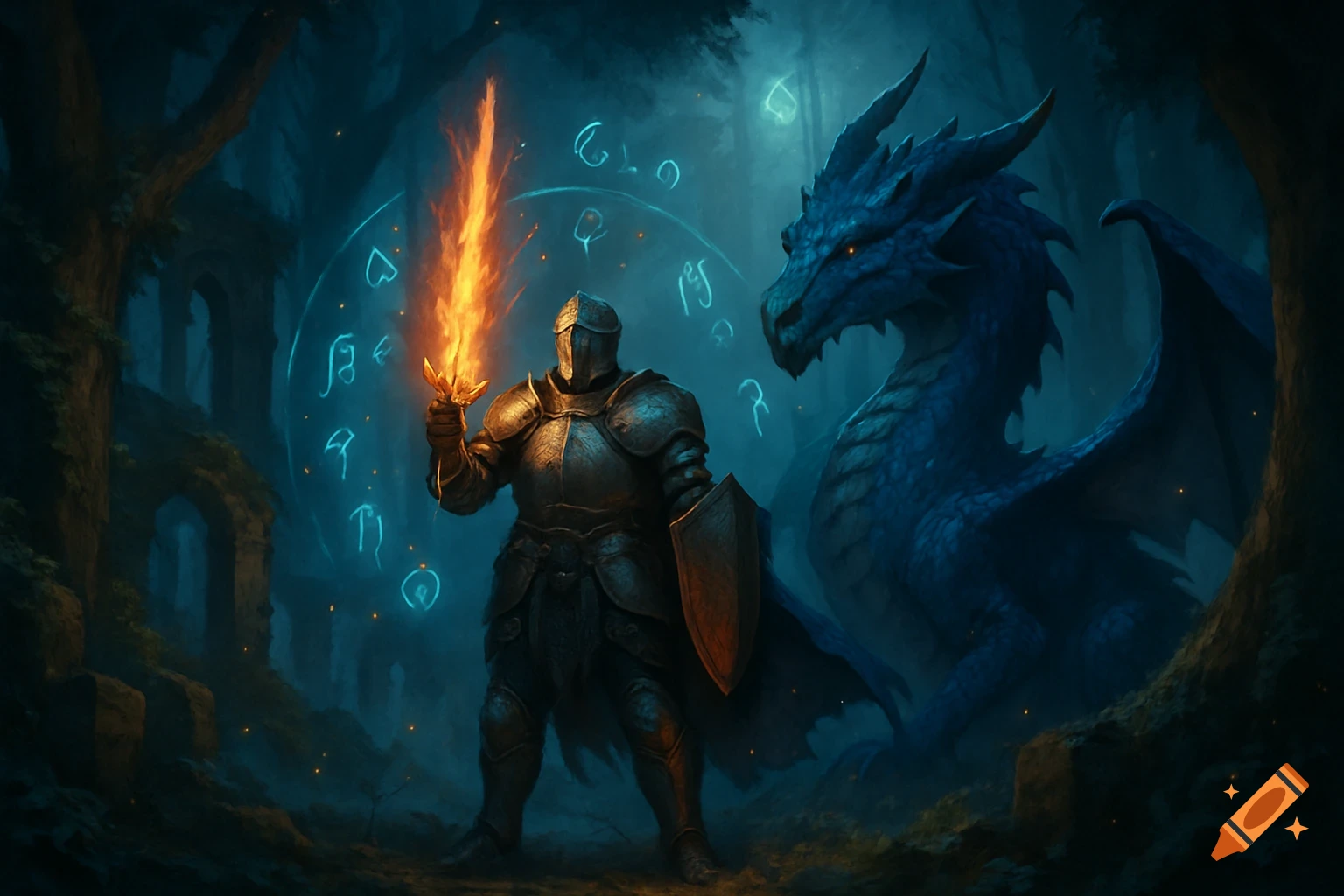 A knight with a flaming sword and shield stands before a large blue dragon in a dark, mystical forest with glowing runes and ancient ruins.