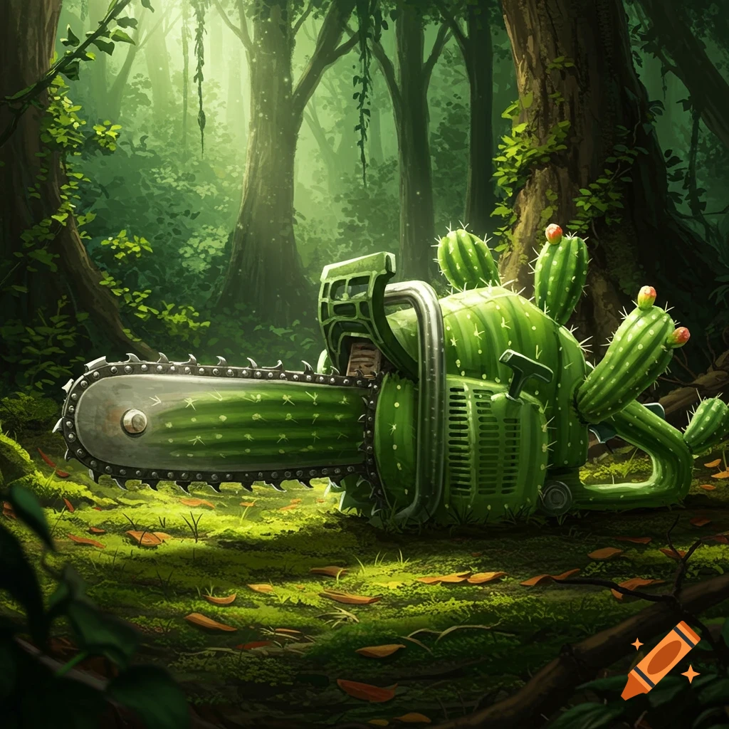 A fantastical green chainsaw made of cactus with spikes and red buds, lies on a mossy forest floor bathed in sunlight.