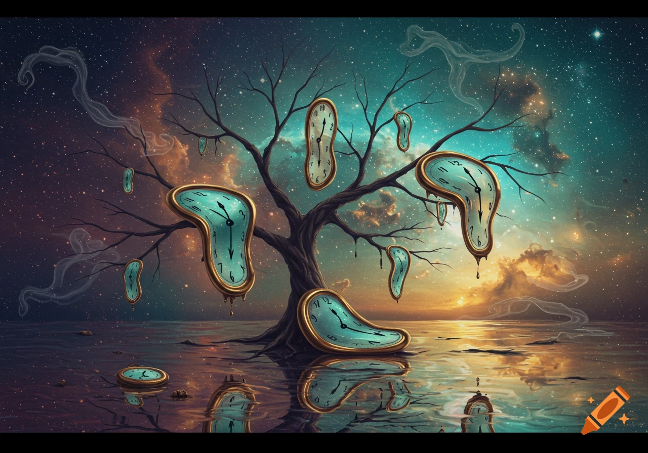 Surreal landscape with melting clocks hanging from a bare tree, reflected in water under a cosmic sky with nebulae and stars.