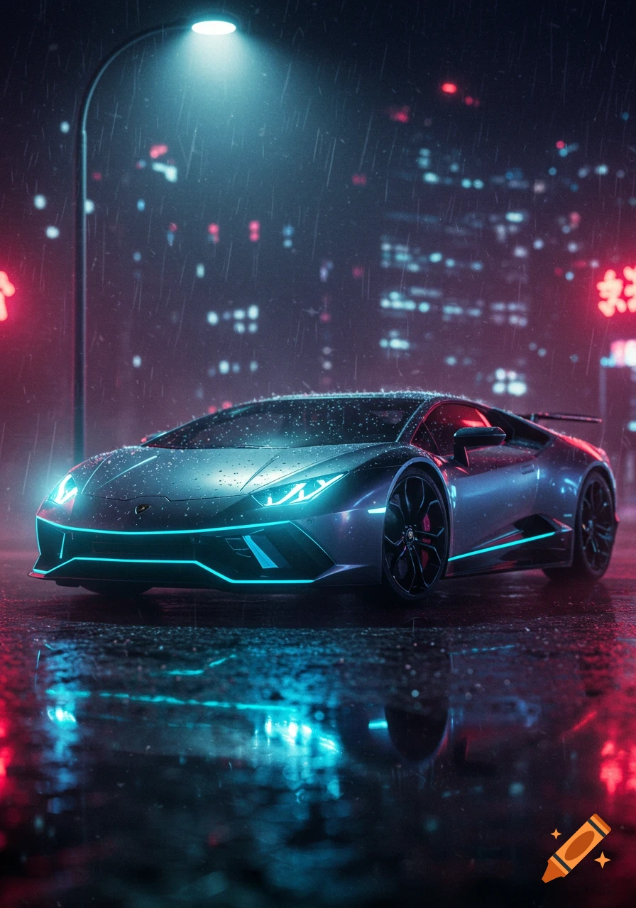 A sleek dark Lamborghini with glowing blue lights sits on a wet, neon-lit city street at night during a rain shower.