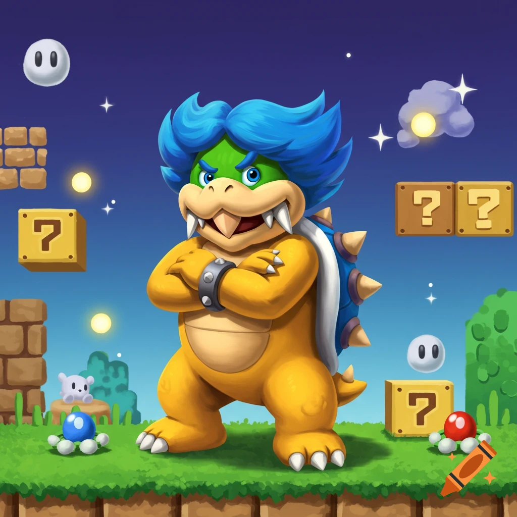 Ludwig von Koopa stands with crossed arms in a Super Mario-style night level with blocks and stars.