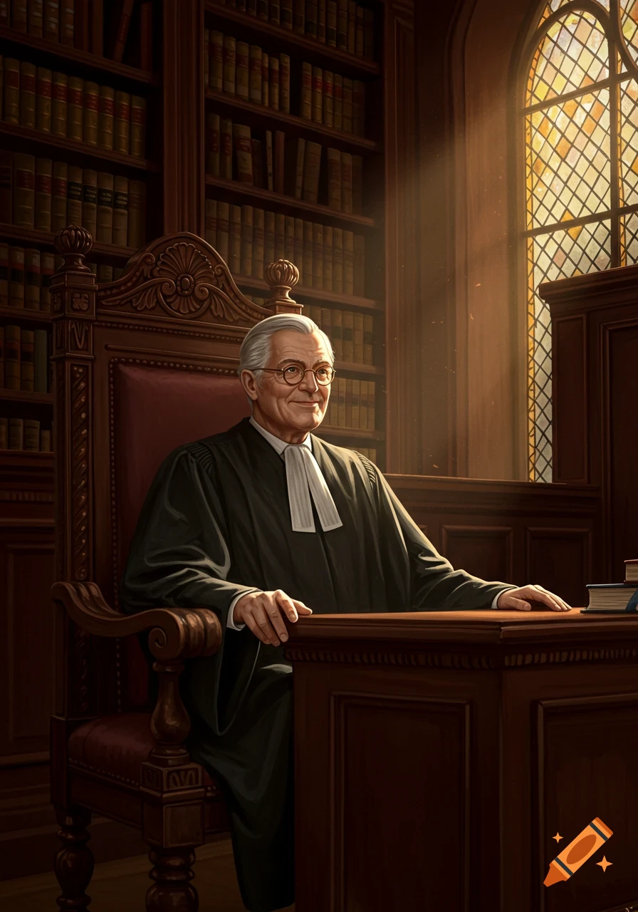An elderly judge in a black robe and white collar sits smiling at a wooden desk in a library with tall bookshelves and a stained glass window.