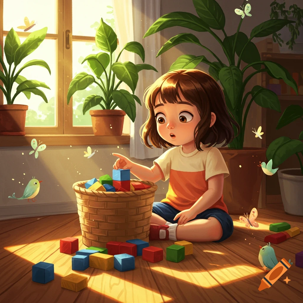 A cartoon-style illustration of a young girl playing with colorful building blocks on a sunlit wooden floor in a room with plants and butterflies.