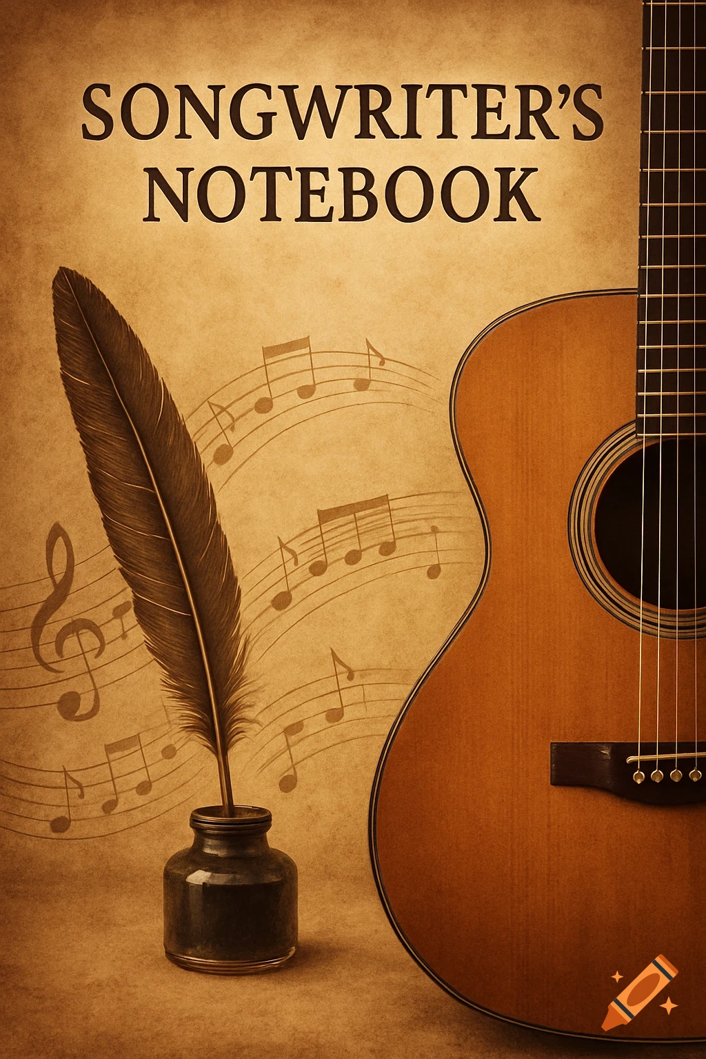 An old paper background with the title 'SONGWRITER'S NOTEBOOK', featuring a quill in an inkwell, musical notes, and an acoustic guitar.
