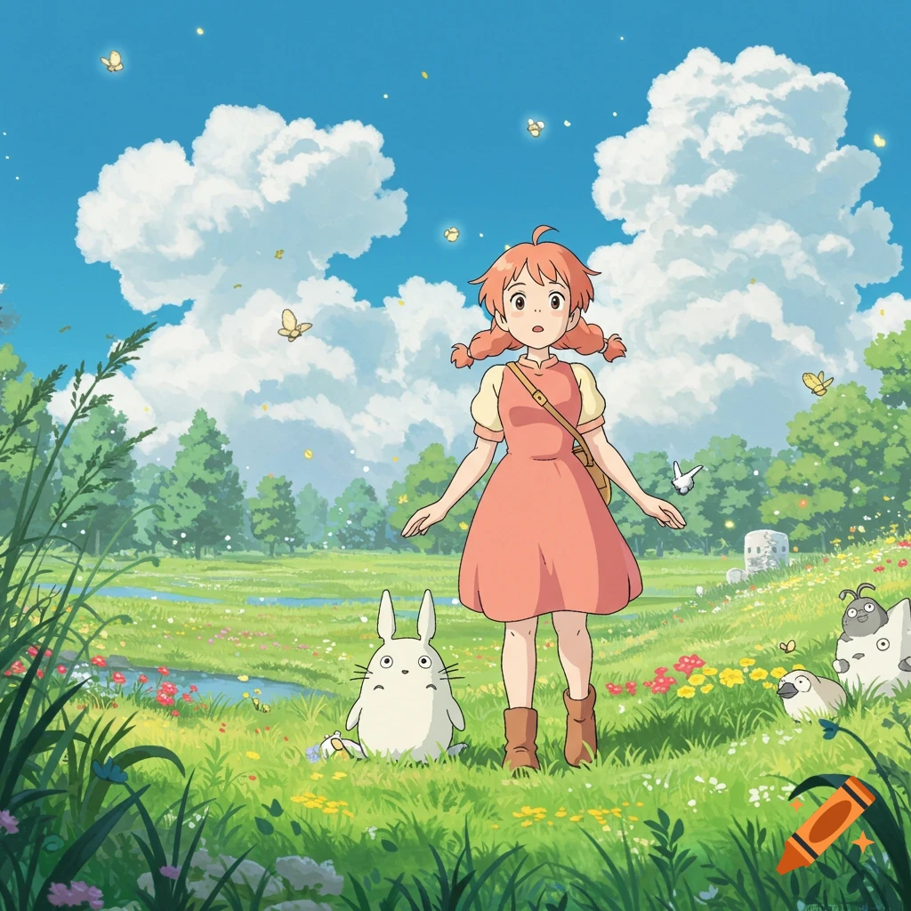 Anime girl with pigtails stands in a flower-filled meadow with Ghibli-like spirits and butterflies under a blue sky.