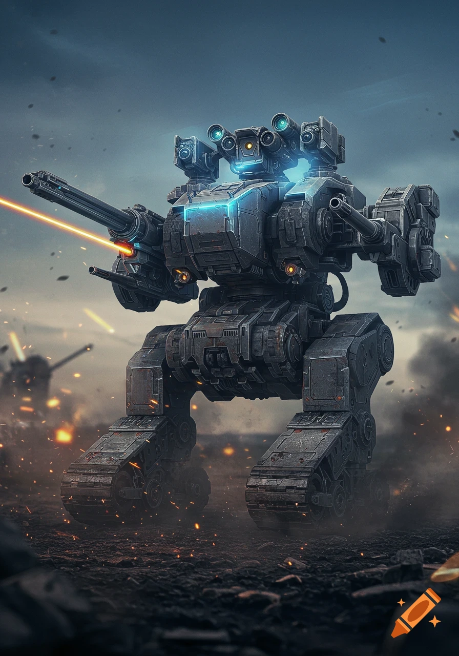 A powerful, heavily armored, tracked war robot fires a laser cannon amidst a smoky battlefield with debris and distant explosions, sci-fi style.