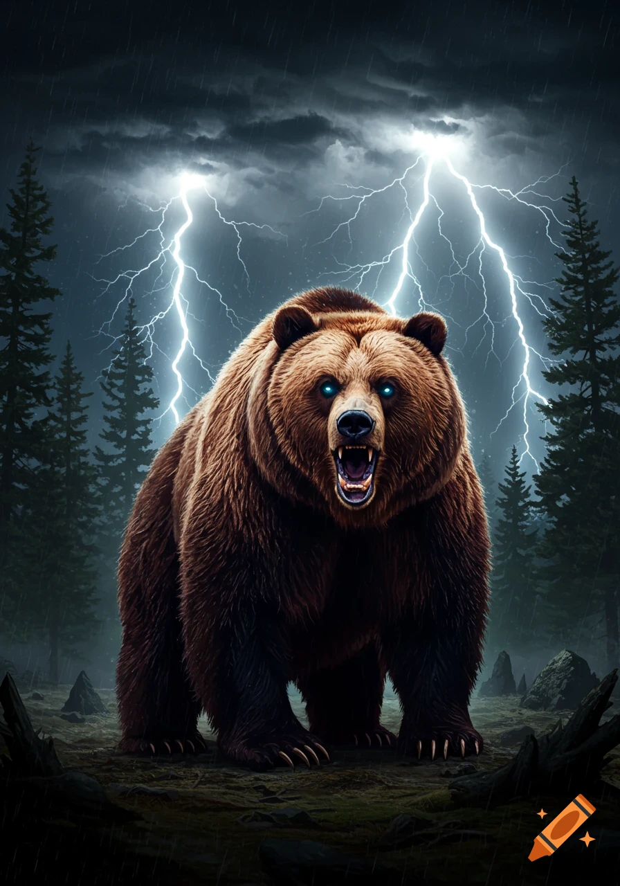A roaring brown bear with glowing blue eyes stands in a dark forest during a lightning storm with heavy rain.