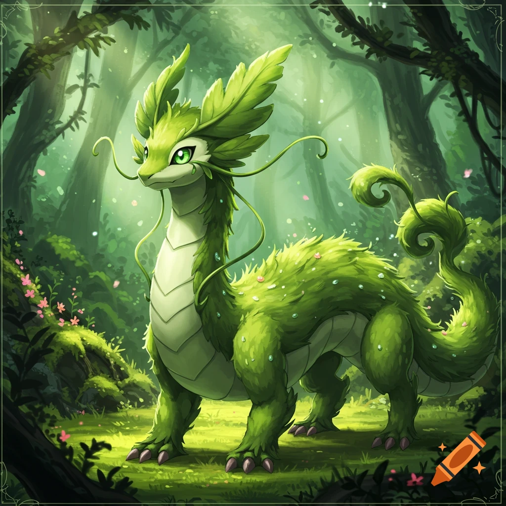 A vibrant green, leaf-eared dragon-like creature with glowing eyes stands in a magical, lush forest with dappled light and small pink flowers.