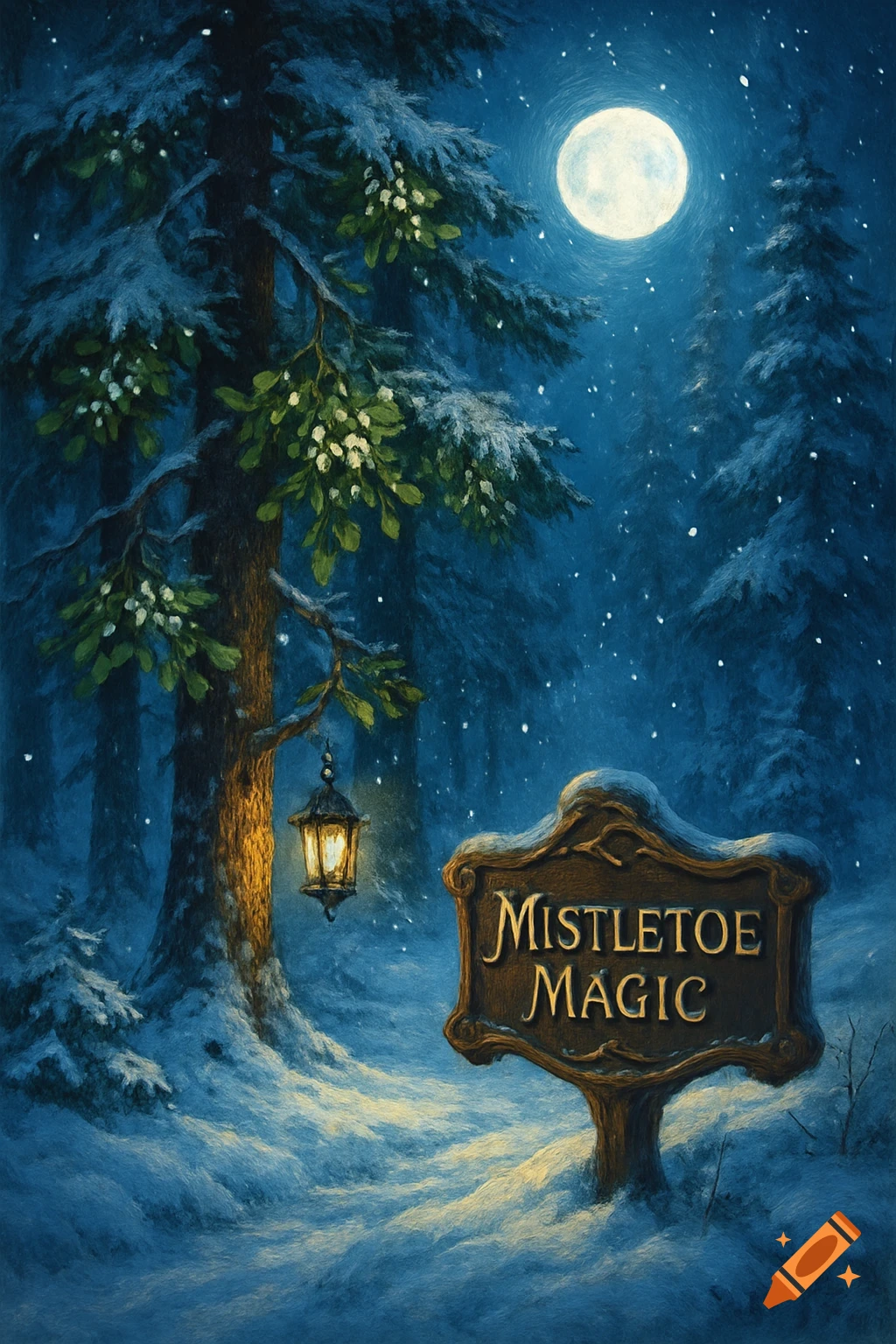 A painterly winter forest scene at night with a full moon, a tree with mistletoe and a lantern, and a sign reading 'Mistletoe Magic'.