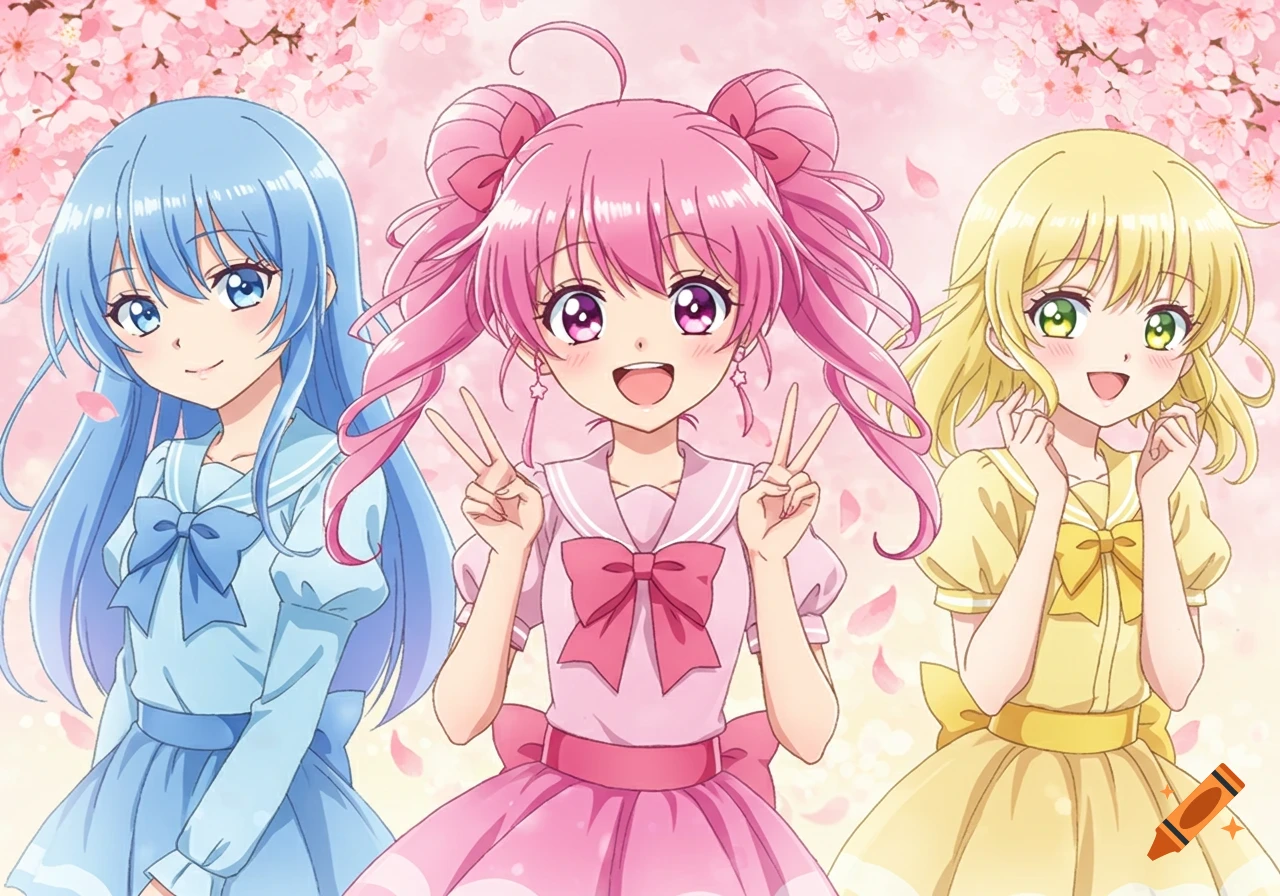Three smiling anime girls with blue, pink, and yellow hair in dresses, against a cherry blossom background.