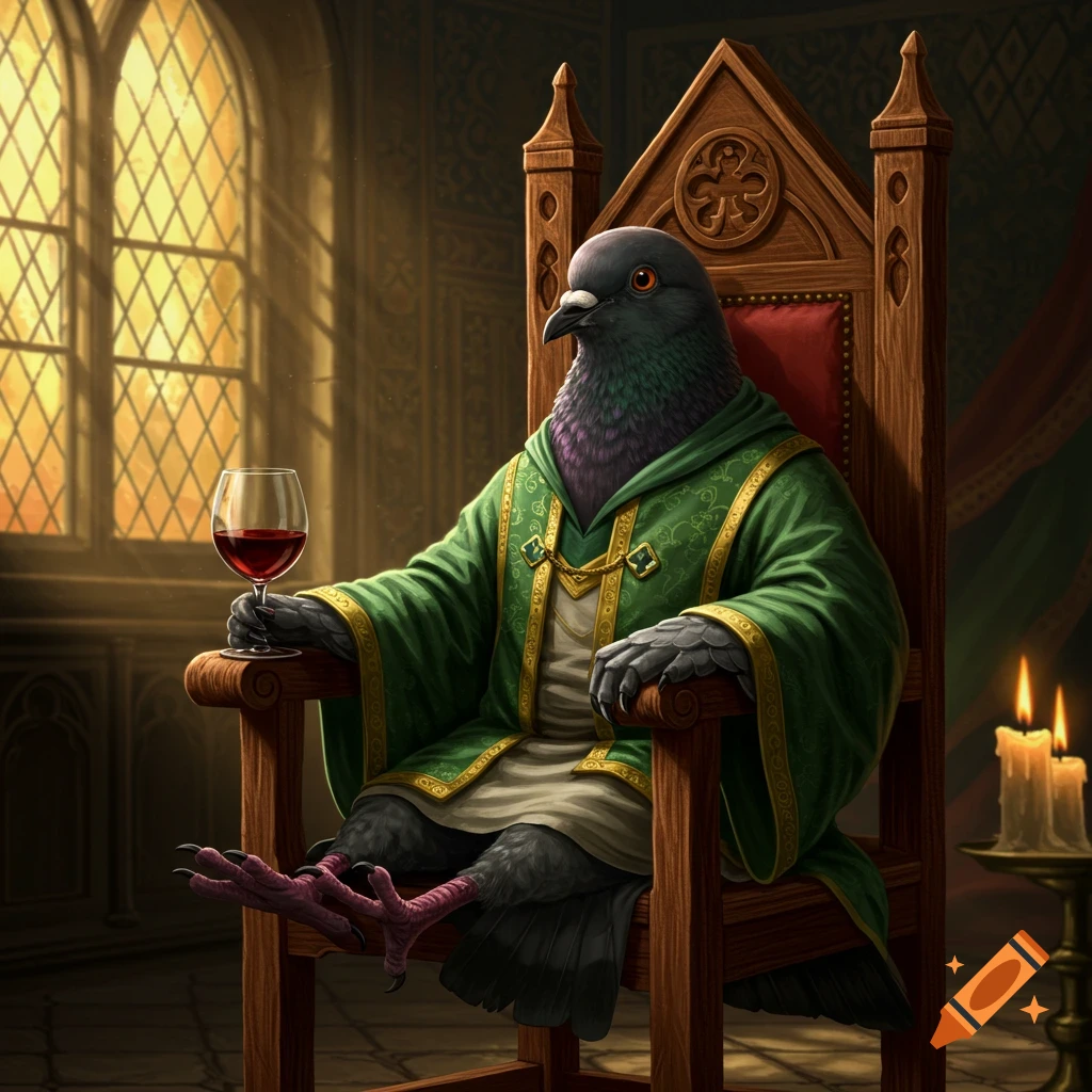 A detailed anthropomorphic pigeon cleric with dark feathers sits in a wooden chair, wearing green robes and holding a glass of red wine in a grand room with a large window.