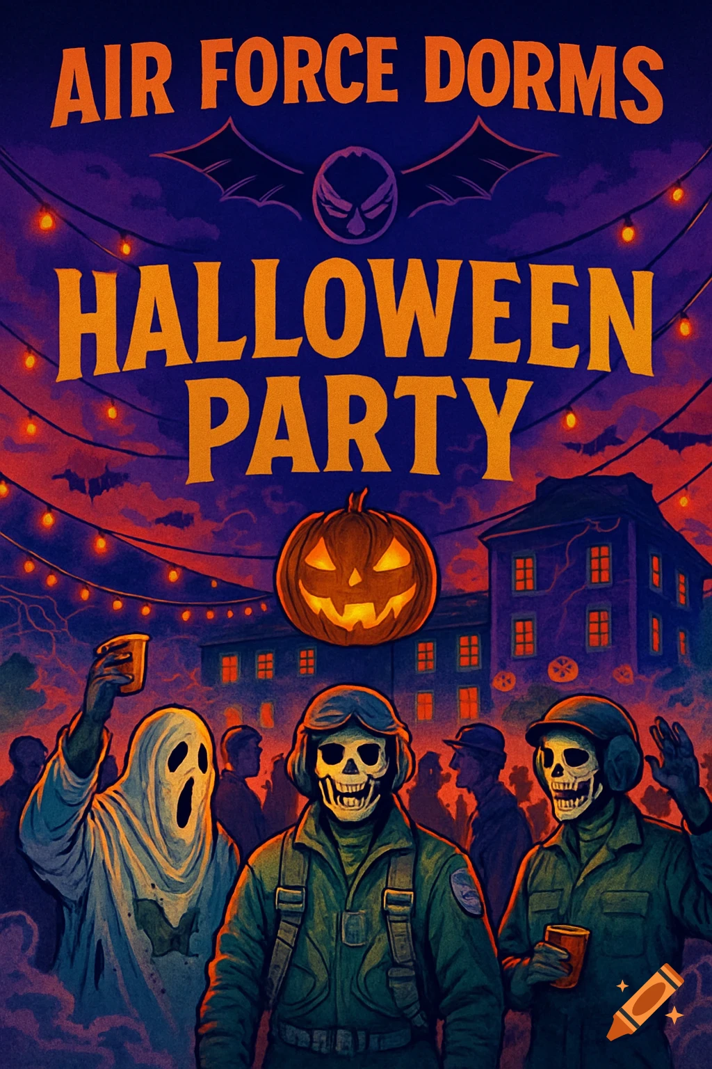 Illustrated Halloween party poster for Air Force dorms, featuring costumed people, string lights, a jack-o'-lantern, and text.