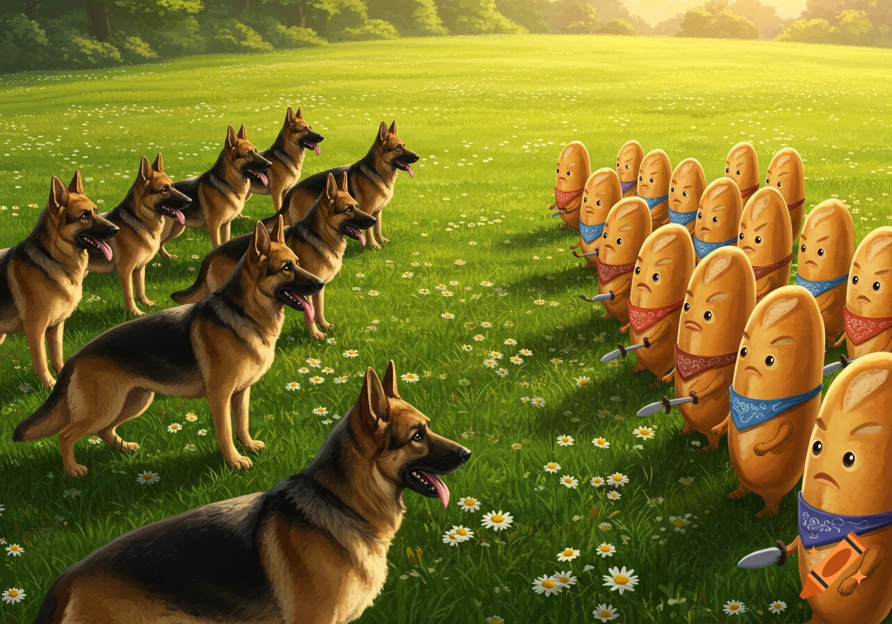 A whimsical illustration of a group of German shepherds facing off against an army of anthropomorphic baguettes holding knives in a grassy field.
