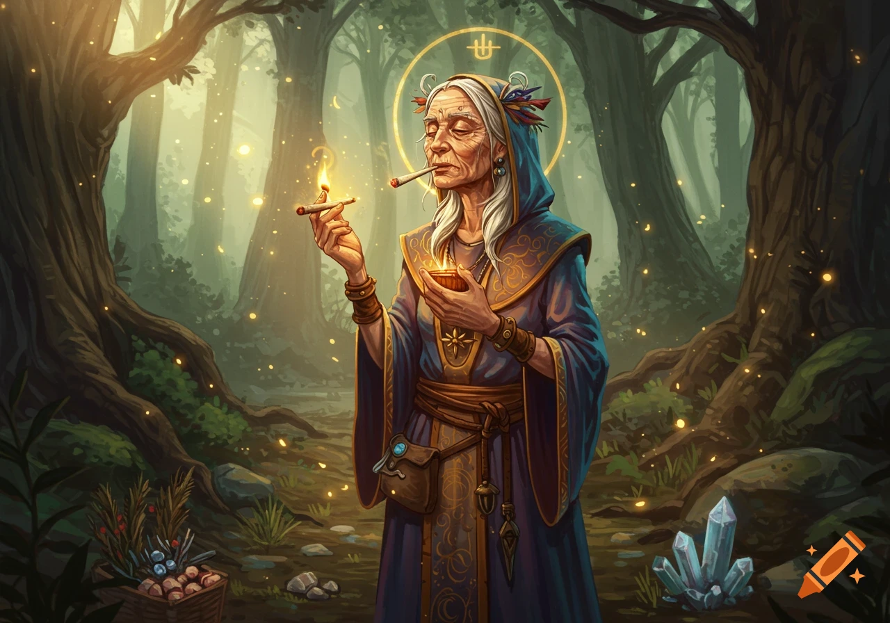 An old female cleric with a halo lights a blunt in a mystical, glowing forest, surrounded by ancient trees.