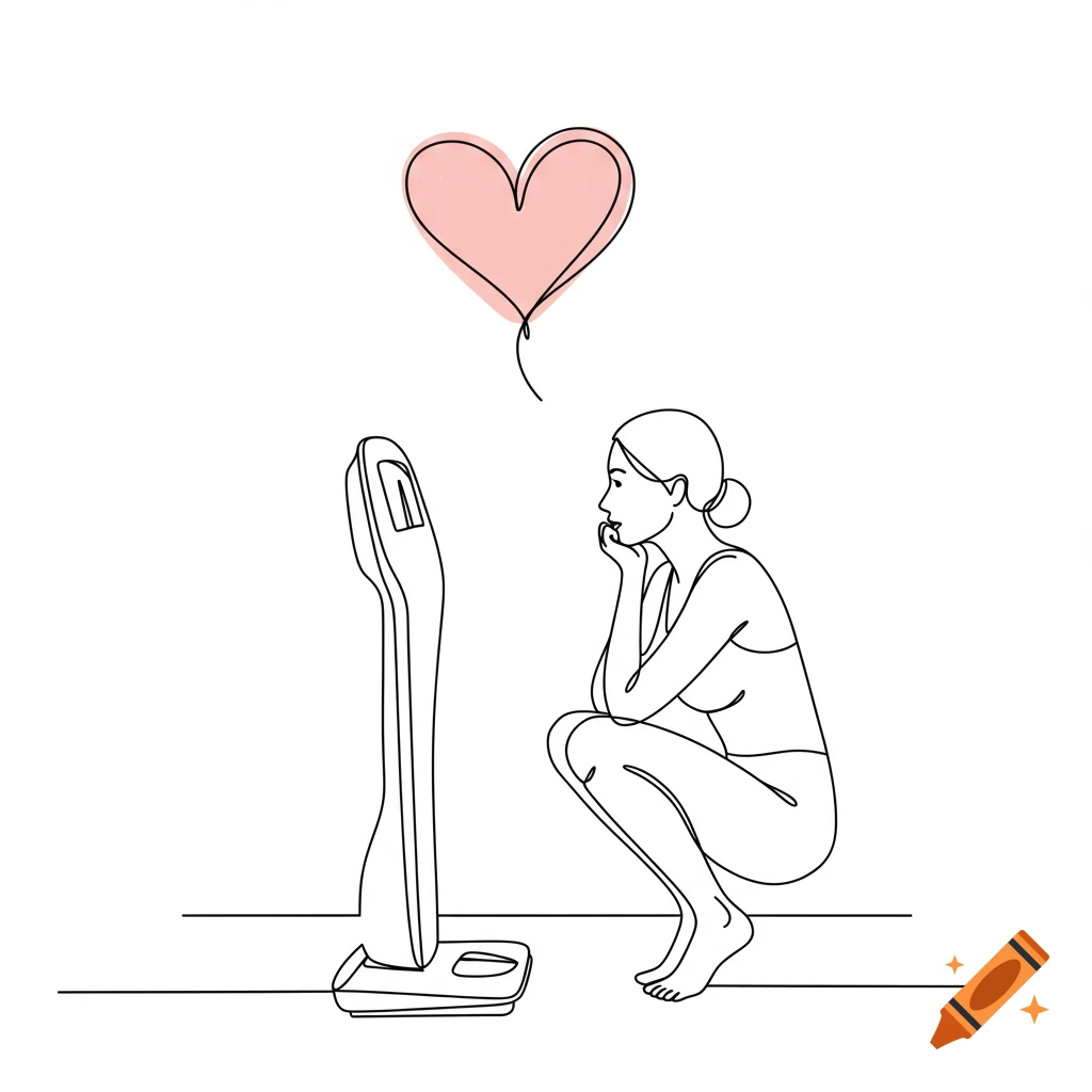 Minimalist line art of a person in a tank top and shorts squatting, looking intently at a bathroom scale, with a pink heart above.