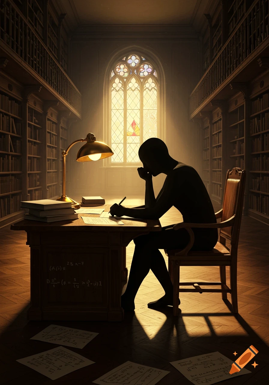 Silhouetted person writing at a desk in a grand library, bathed in golden light from a stained glass window.