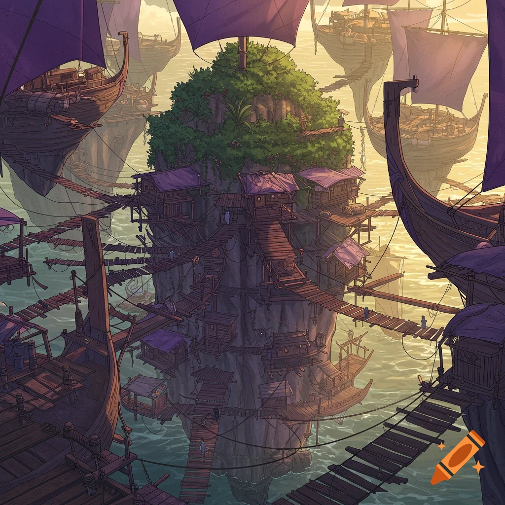An anime-style fantasy settlement of houses and ships built around a central island, connected by numerous wooden bridges over water.