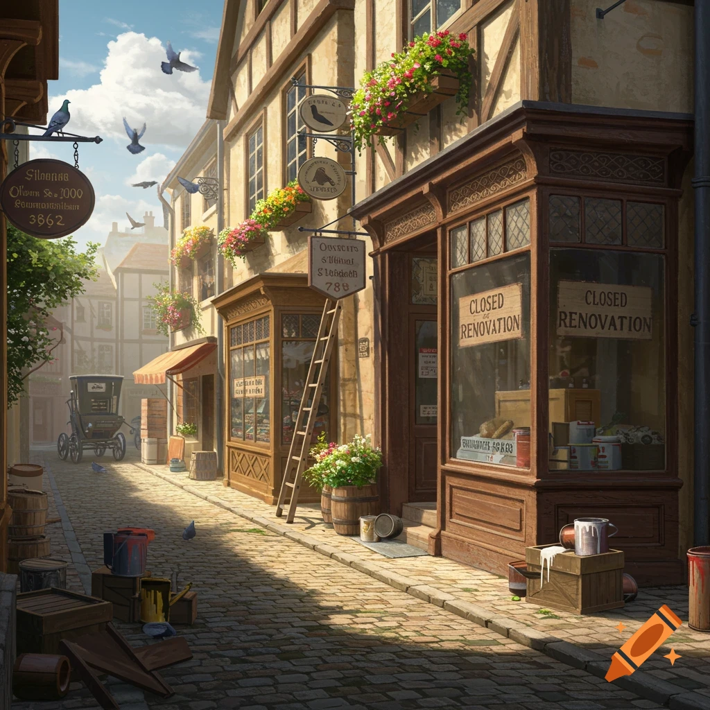 A narrow cobblestone street lined with old European-style shops, some with "CLOSED RENOVATION" signs in their windows, under a bright sky with flying pigeons. Renovation supplies are scattered on the street.