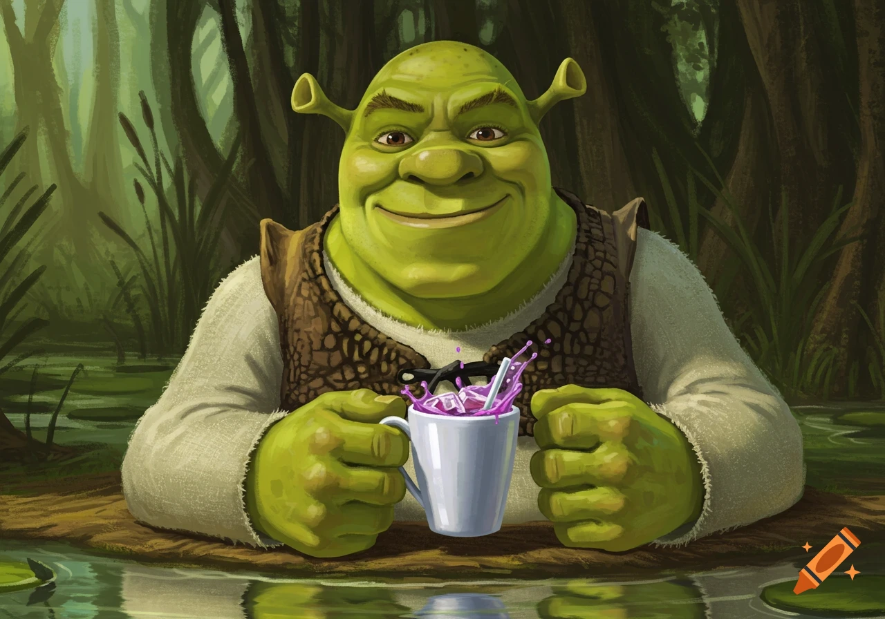 Shrek smiling while holding a white mug with splashing purple drink and ice, in a lush green swamp setting.
